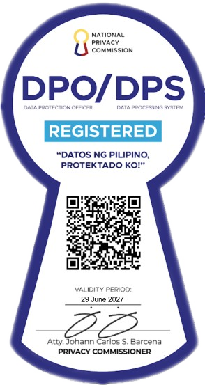 National Privacy Commission DPO/DPS registered badge with QR code and validity date of June 29, 2027.